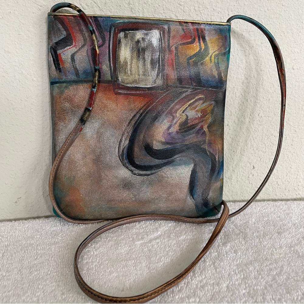 Jane Yoo Vintage 80's Wearable Art Hand Painted Leather Crossbody Bag